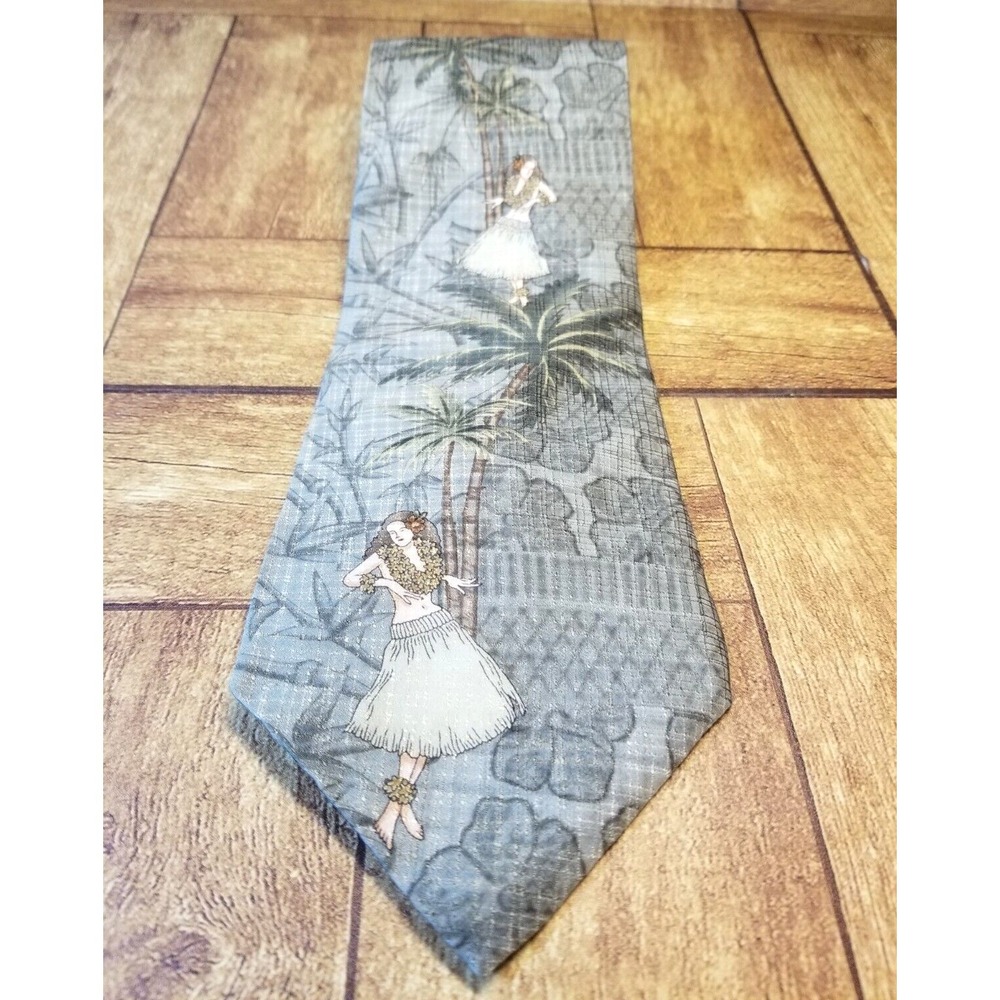 Tropicals by Tango Palm Trees Hula Girl Green Blue Textured‎ Silk Pointed Tie